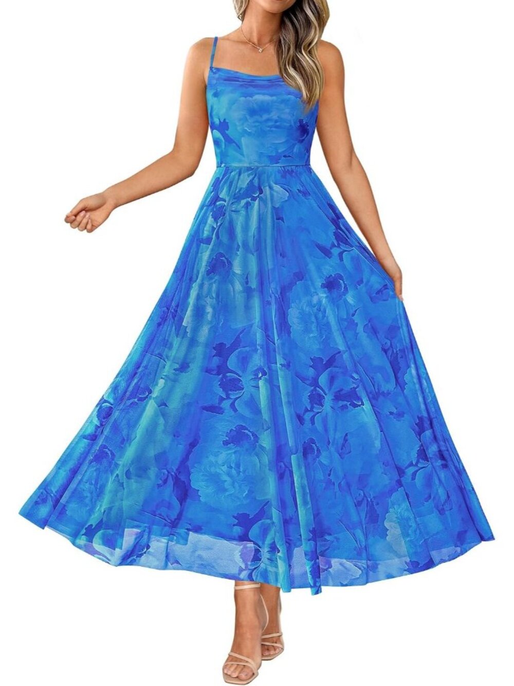 Women's Blue Summer Cowl Neck Spaghetti Strap Floral Flowy Cocktail Maxi Dresses